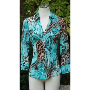 Cache Vintage Embellished Button Down Fitted Blouse in Aqua Leopard | SZ Small